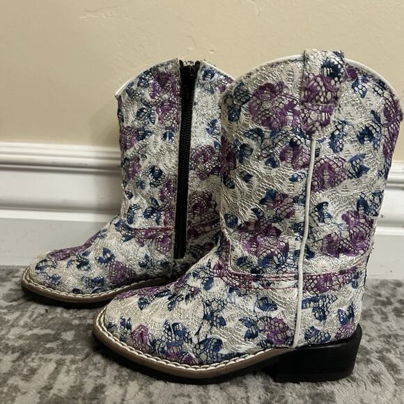 Old West Western Boots Girls Toddler Size 7.0-D Child Floral Sparkle Square Toe - Picture 4 of 12